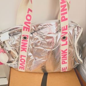 Victoria's Secret Pink Retired Silver Foil Gym Duffle Pom Bag Vintage